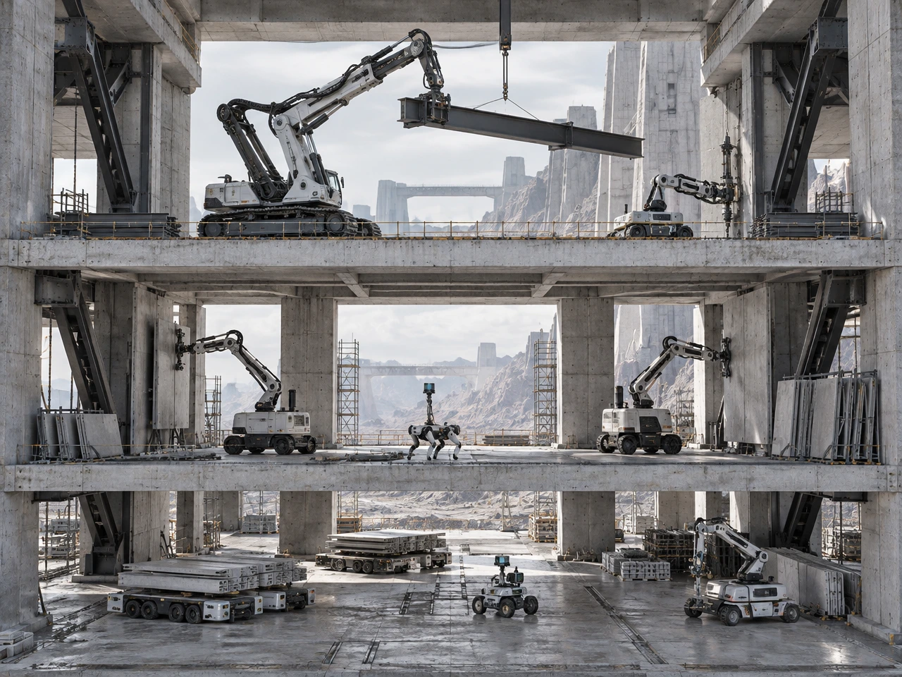 Concept of a monumental concrete building with three working levels: structural robots above, installation and surveying robots in the middle, material carriers and layout robots below